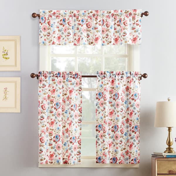 Sun Zero Deana Kitchen Floral Coral Polyester 18 in. W x 36 in. L Rod Pocket Light Filtering Curtain Set (Set of 3)