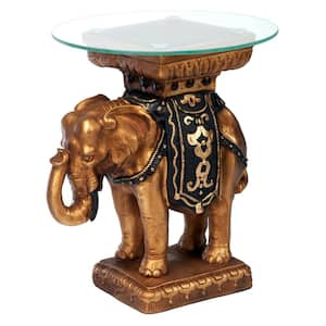 Maharajah Elephant 18 in. W Black Polyresin Glass Topped Sculptural Table