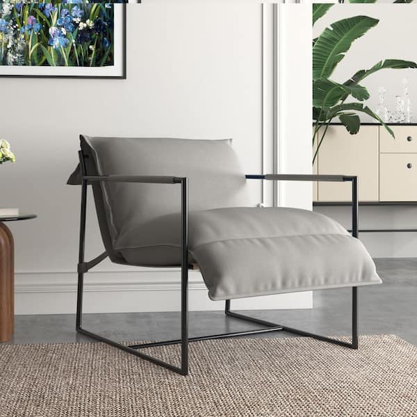 Uixe Light Gray Removable Cushions Sling Accent Arm Chair with Matte Black Metal Frame(Set of 1)