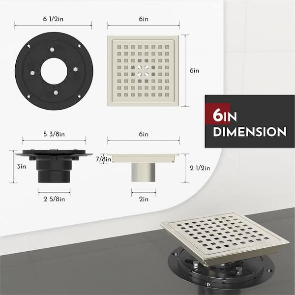 Wudkey 1-Piece 6 in. Stainless Steel Square Shower Floor Drain in