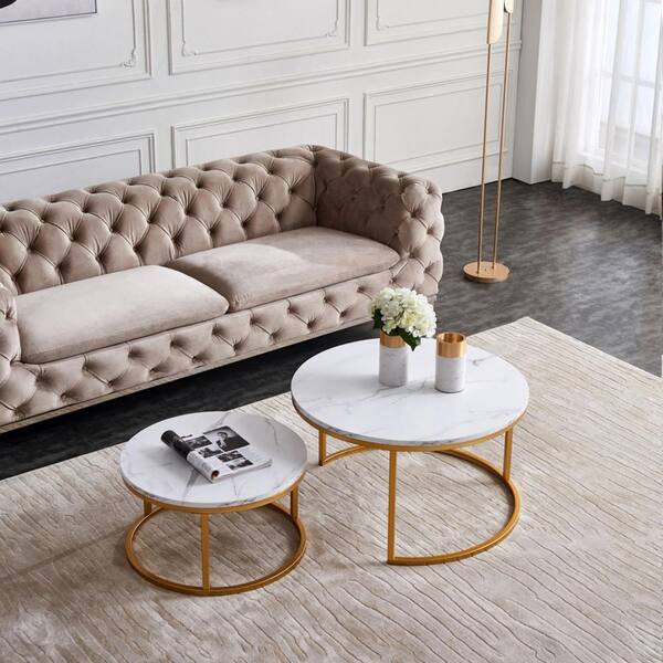 31 5 In Nesting Coffee Table Round Accent For Living Room With White Marble Top And Gold Metal Frame Set Of 2 Lm W24714369 Nesting Coffee Table Round Accent, Round White Accent Tables For Living Room