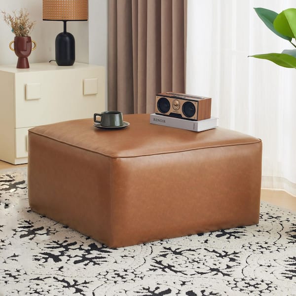 Tan 30 in. Square PU Leather Modern Ottoman