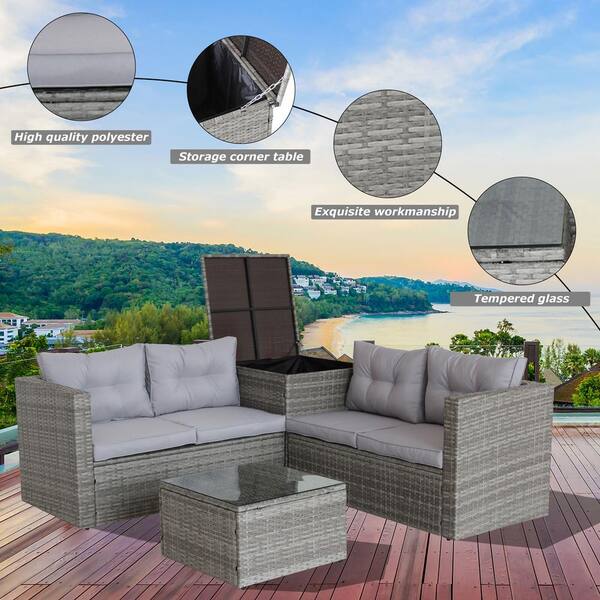 4 Piece Rattan Wicker Outdoor Sectional Furniture Sofa Set with Storage Box Gray Cushions for Garden Porch Balcony