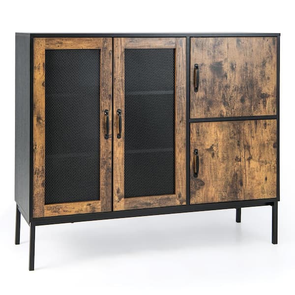 Costway Rustic Brown Wood 48 in. Farmhouse Buffet Sideboard Console Table Cupboard with Metal Mesh Doors and Cabinets