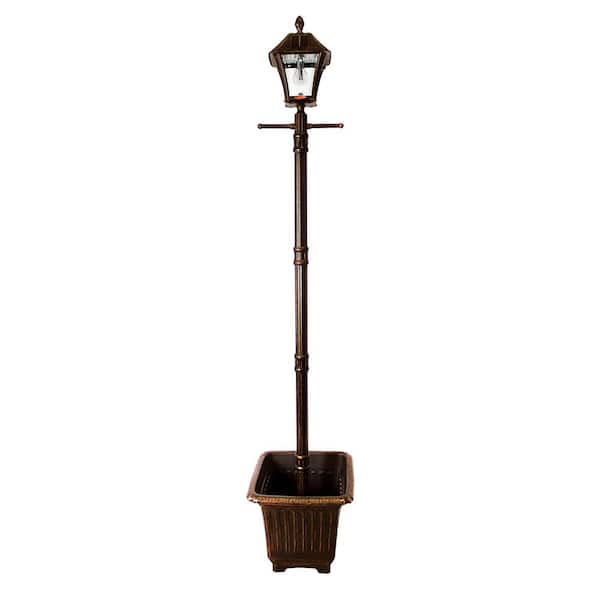 GAMA SONIC Baytown Bulb Brushed Bronze Outdoor Solar Integrated Warm-White LED Lamp Post with Planter and Inground Auger Base