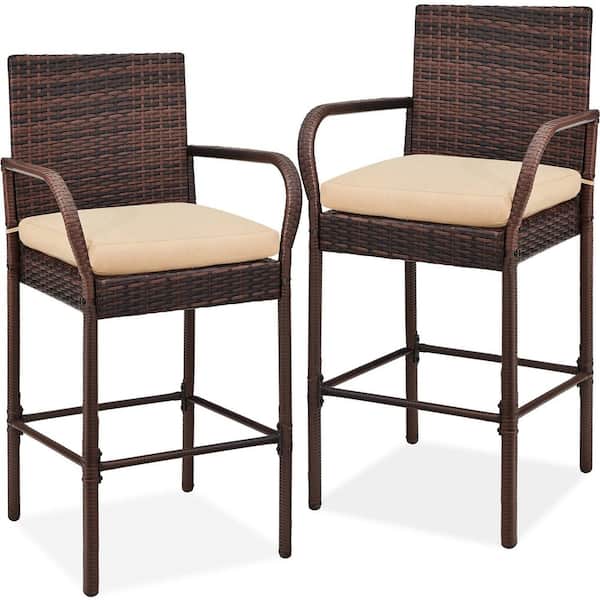 Unbranded Wicker Outdoor Bar Stool with Light Brown Cushion (2-Pack)