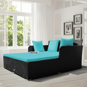 Outdoor Rattan Wicker Daybed Thick Pillows Lounge Chair with Turquoise Cushion