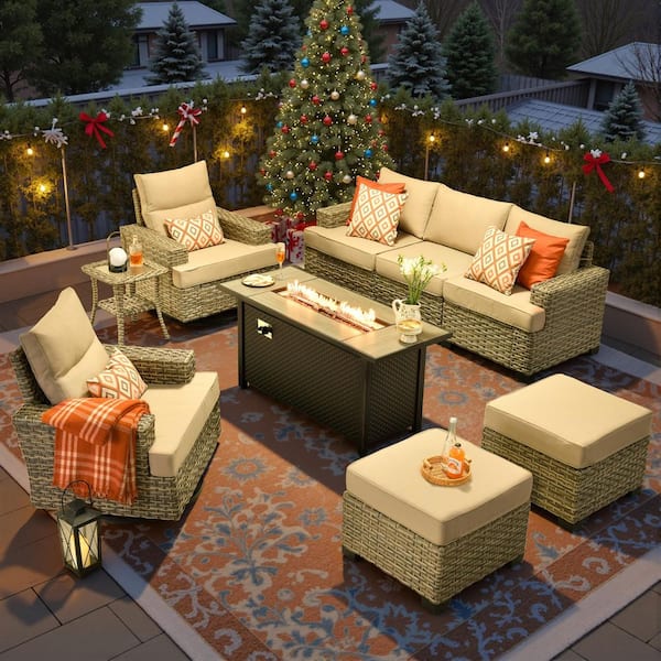 Torino Gray 9-Piece Wicker Outdoor Patio Conversation Deep Sofa Seating Set with Metal Fire Pit and Beige Cushions