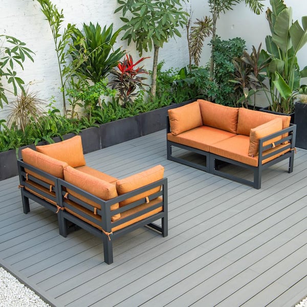 Leisuremod Chelsea Black 4-Piece Aluminum Outdoor Loveseat Set with Orange Cushions