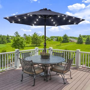 Solar Lighted LED 9 ft. Aluminum Patio Market Circle Outdoor Umbrellas with Push Button Tilt and Crank Lift in Navy Blue