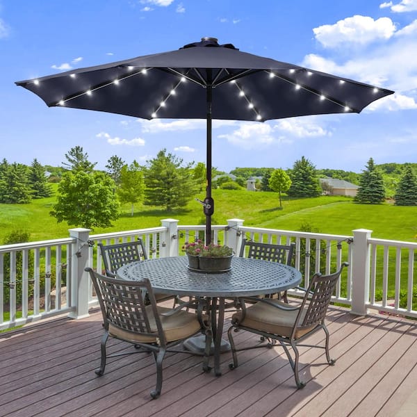 Sonkuki Solar Lighted LED 9 ft. Aluminum Patio Market Circle Outdoor Umbrellas with Push Button Tilt and Crank Lift in Navy Blue