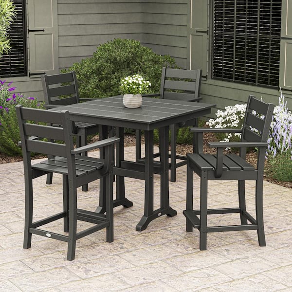 Grant Park Black 5-Piece HDPE Plastic Arm Chair Farmhouse Trestle Counter Set