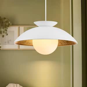 Paquette 14.5 in. 1-Light White/Gold Leaf Wood Bowl Dome Glass Bubble Pendant Light with Frosted Opal Glass Globe