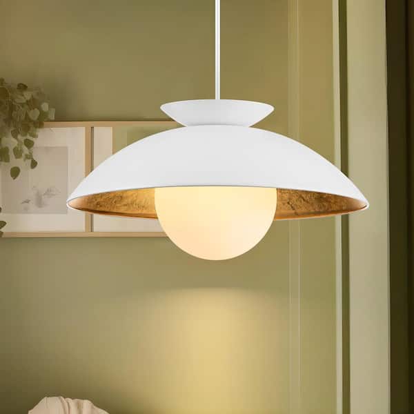 RRTYO Paquette 14.5 in. 1-Light White/Gold Leaf Wood Bowl Dome Glass Bubble Pendant Light with Frosted Opal Glass Globe