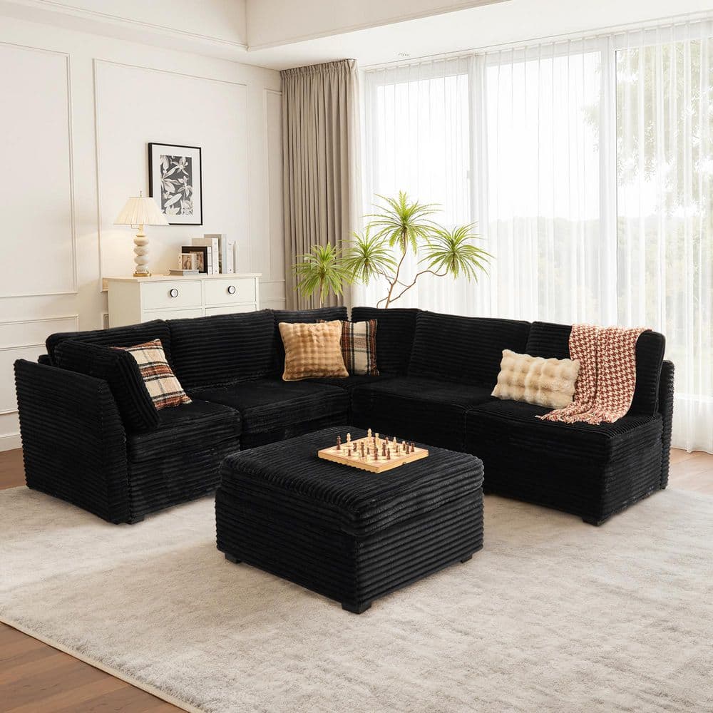 CUKE 98 in. Wide 6-Piece Modern Deep Seat Plush Corduroy L-Shape Modular Sectional Sofa Couch in. Black with Ottoman price history on PriceWatchPro