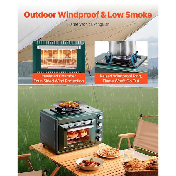 SKYSHALO Outdoor Oven, 2-in-1 Portable Gas Camping Stove Toaster Oven in Dark Green, Adjustable Fire, 60-Minute Timer, Windproof