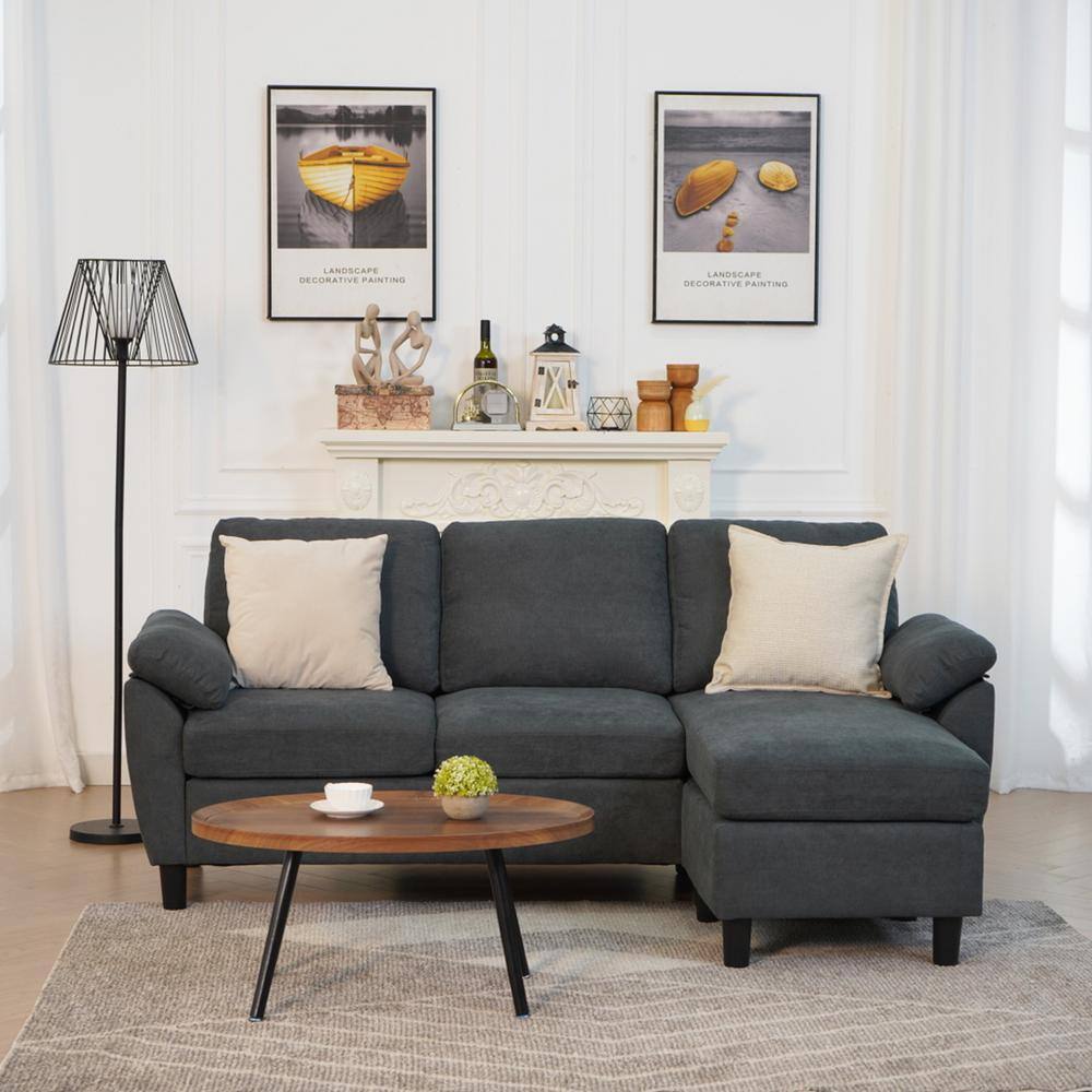 79.53 in. W Fabric L Shaped Sectional Sofa 3-Seats in Dark Gray with Side S