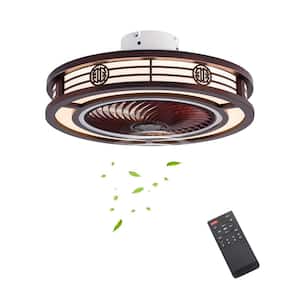 20 in. Integrated LED Indoor Reddish Brown Chinese Style Caged Low Profile Ceiling Fan with Remote and Reversible Motor