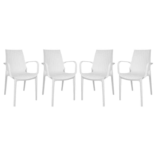 Leisuremod Kent Plastic Outdoor Dining Arm Chair in White (Set of 4)