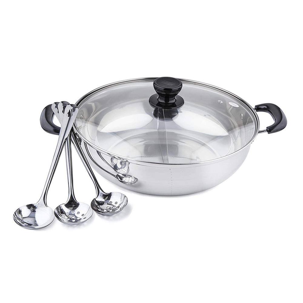 11-inch Stainless Steel Shabu Hot Pot with Glass Lid and Ladles