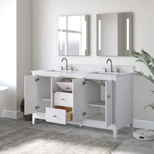 60 in. W Double Sink Freestanding White Bath Vanity Cabinet with Ariston White Engineered Marble Top