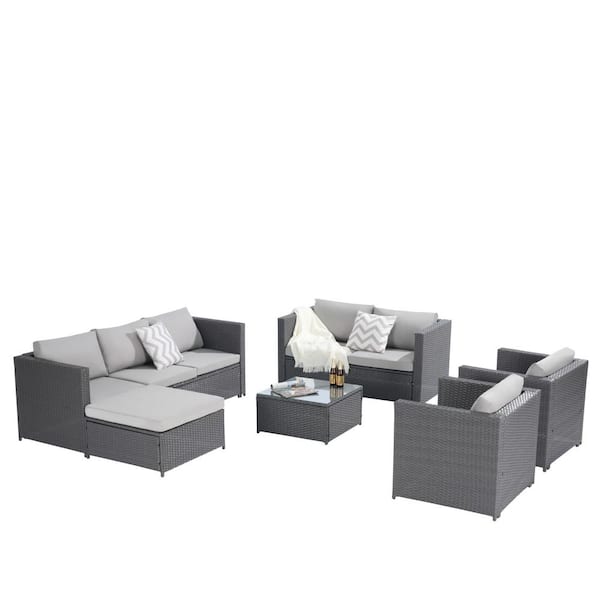 Runesay 9-Pieces Gray Rattan Wicker Outdoor Sectional Set with Dark Gray Cushions and Table