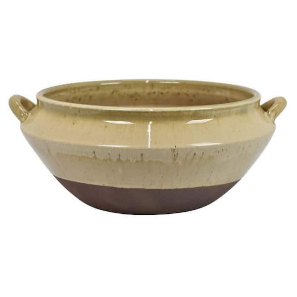 Benjara Brown and Yellow Pot Ceramic Vase with 2 Handles