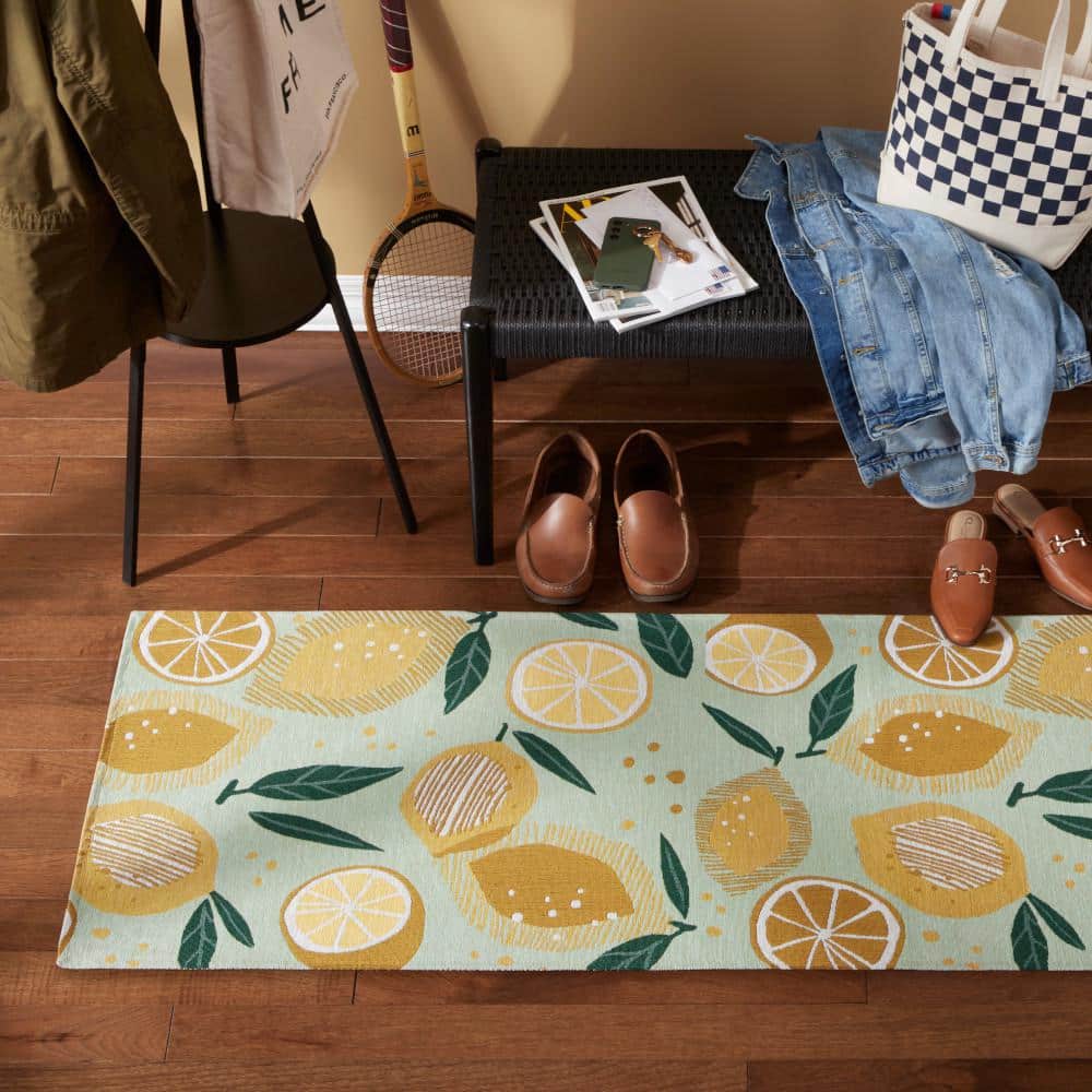 Livie Seafoam Green Lemon Print Washable Kitchen Runner Rug
