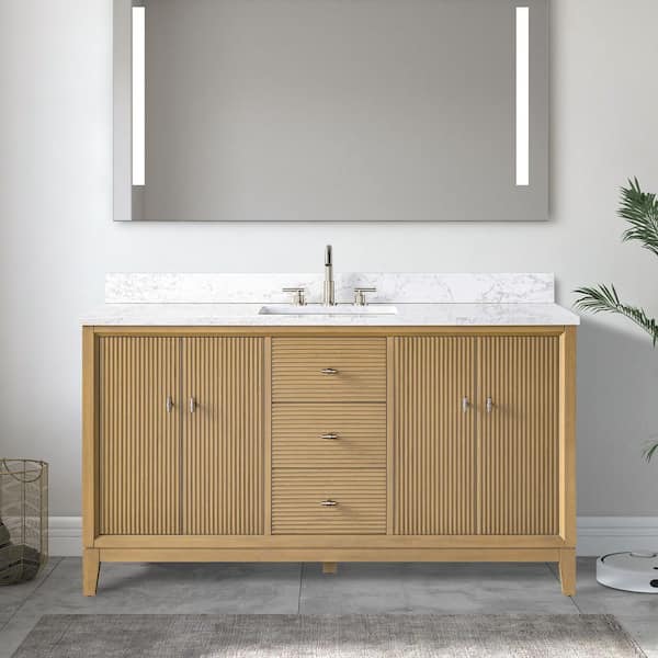60 in. W Single Sink Freestanding Natural Oak Bath Vanity Cabinet with Arabescato White Engineered Marble Top