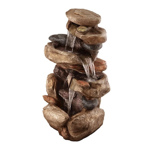 40 in. Tall Tiered Brown Rock Fountain with Color Changing LED Lights and Remote Tranquil Water Feature