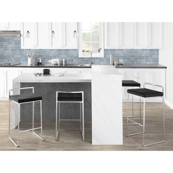LumiSource Fuji 30.75 in. Black Faux Leather and Stainless Steel Stackable Bar Stool (Set of 3)