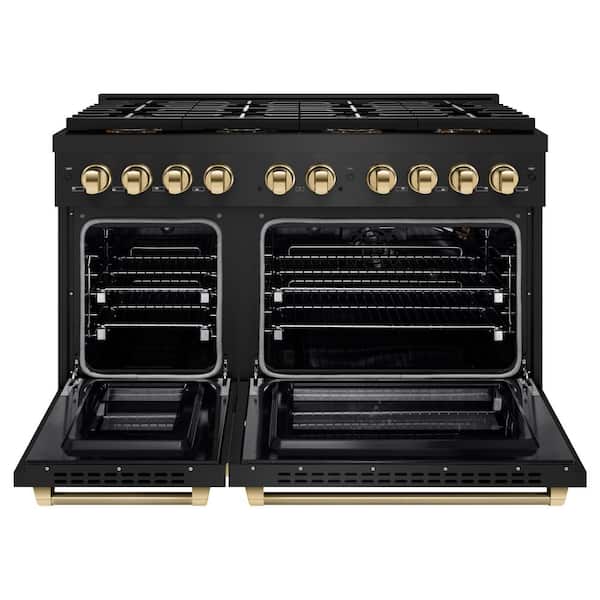 Autograph 48 in. Paramount Gas Range w/ 8 DuoPro Burners and Gas Oven in Black Stainless Steel and Gold Helix Handles