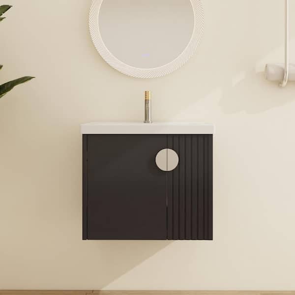 ARTCHIRLY 23.8 in. W x 18.5 in. D x 20.7 in. H Wall-Mounted Bath Vanity in Black with White Ceramic Vanity Top