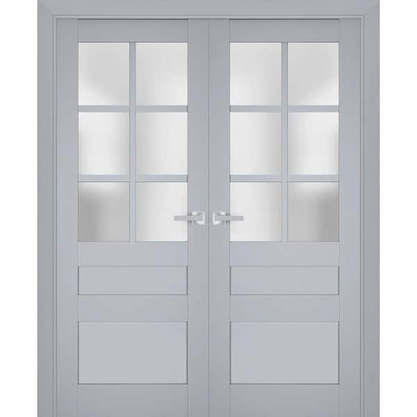Sartodoors 60 in. x 80 in. 2 Panel Matte Grey Finished Solid Wood Sliding Door with Hardware