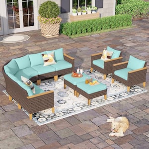 Brown Rattan Wicker 10 Seat 10-Piece Steel Outdoor Patio Conversation Set with Blue Cushions