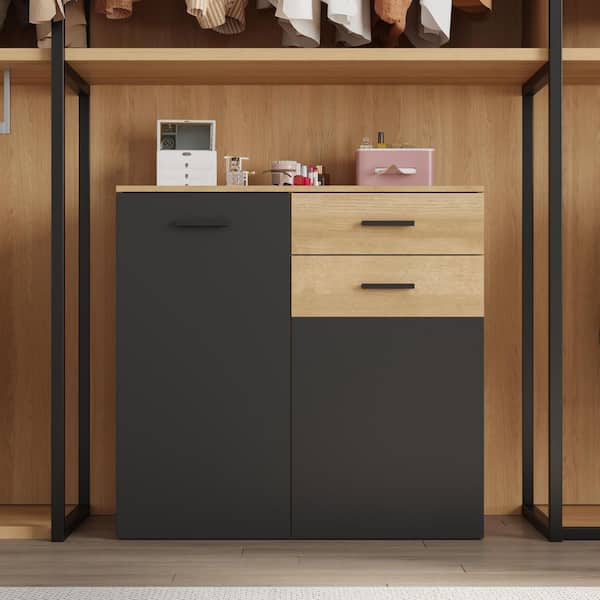 Light Oak and Black Wood 35.4 in. Sideboard with Soft-Close Hinges Anti-Tip Kit Smooth Glide Drawers