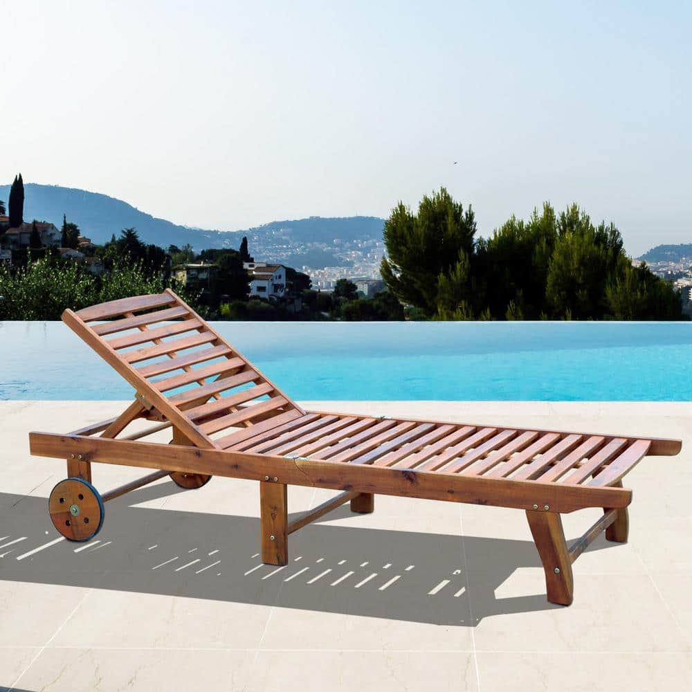 Teak Acacia Wood Outdoor Folding Chaise Lounge with Wheels