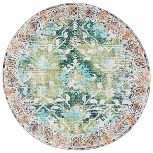Riviera Green/Light Blue 7 ft. x 7 ft. Machine Washable Floral Geometric Round Area Rug