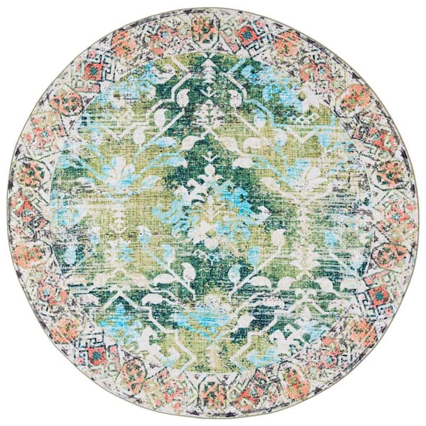 SAFAVIEH Riviera Green/Light Blue 7 ft. x 7 ft. Machine Washable Floral Geometric Round Area Rug