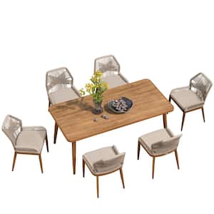 7-Piece Aluminum Outdoor Dining Set Teak Patio Furniture Set Wicker Table and Chairs with Cushions