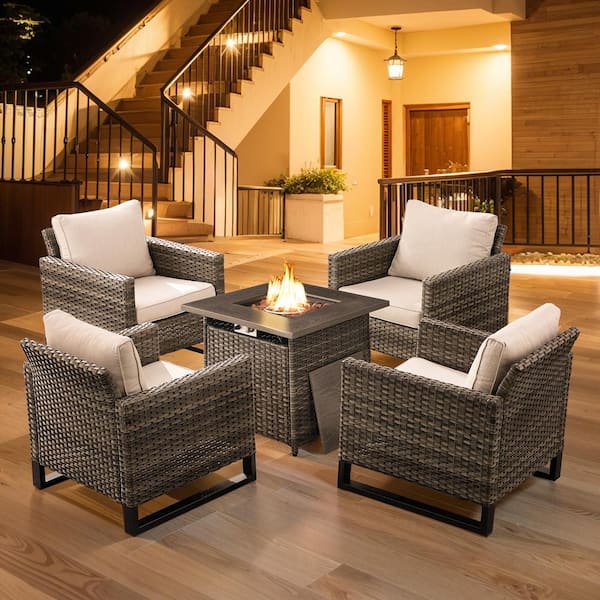 Gymojoy Valenta Gray 5-Piece Outdoor Rattan Deep Seating Set Wicker Patio Conversation Lounge Chair Set with Beige Cushion