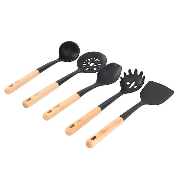 Marion 5-Piece Silicone and Wood Kitchen Tool Set in Black