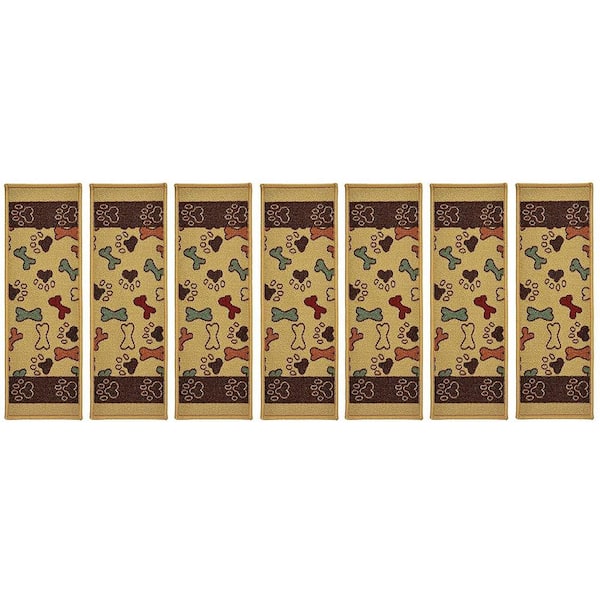 Indoor Pet Paw and Bone Design Beige Multi 8-1/2 in. x 26 in. Slip Resistant Backing Stair Tread Cover (Set of 13)