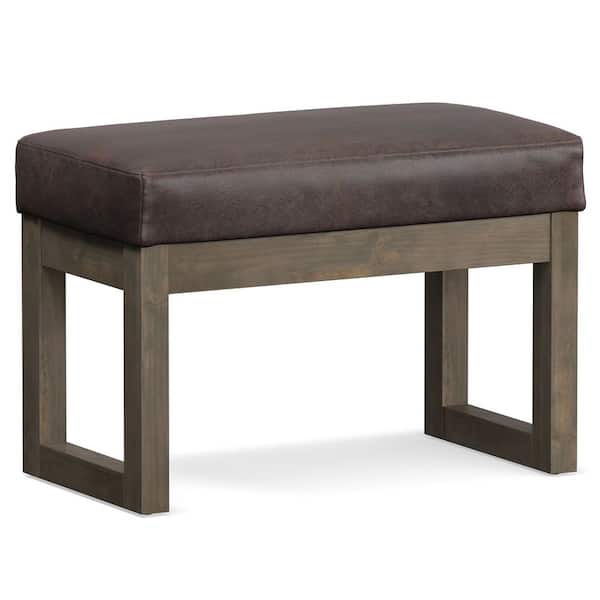 Simpli Home Milltown 27 in. Wide Contemporary Rectangle Footstool Ottoman Bench in Distressed Brown Vegan Faux Leather, Assembled