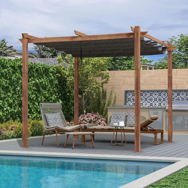 PURPLE LEAF 10 ft. x 10 ft. Natural Wood Grain Aluminum Pergola Gazebo with Gray Retractable Sunshade Canopy and Extra Top Roof