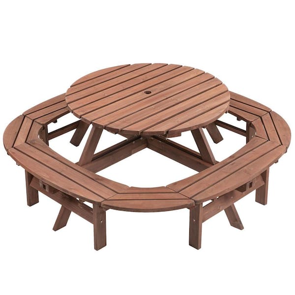 10-12 Person Round Outdoor Wooden Picnic Table for Garden, Patio, DIY w/ Ring Stool, 500 lbs. Capacity-Brown