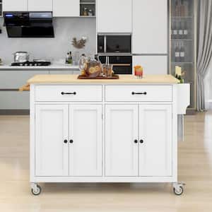 54.3 Wide White Mobile Kitchen Island Cart Spice Rack with Solid Wood Top, Locking Wheels 4-Doors Cabinet and 2-Drawers