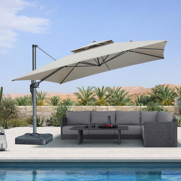10ft cantilever patio umbrella Outsunny 10ft. Solar LED Cantilever Umbrella, Offset Hanging Umbrella with  360° Rotation, Cross Base, 8 Ribs, Tilt and Crank for Yard, Khaki main image 0