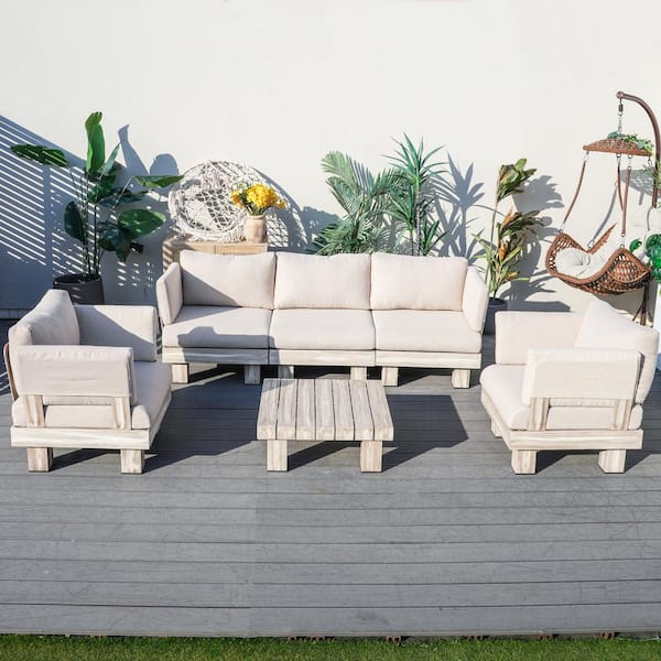 Choi 6-Piece Aluminum Outdoor Patio Wood Grain Sectional Conversation Set with White Cushions