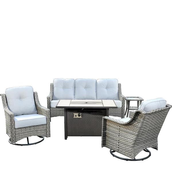 Eureka Gray 5-Piece Wicker Outdoor Patio Conversation Sofa Chair Seating Set with Metal Fire Pit and Light Gray Cushions